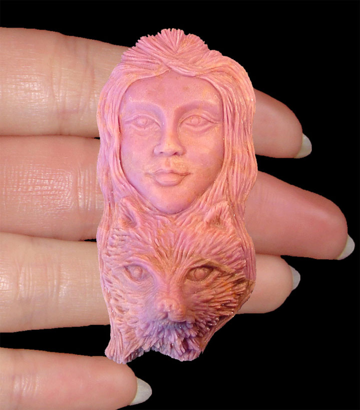 Trendy Cameo: American Indian Woman Face Over Wolf Face