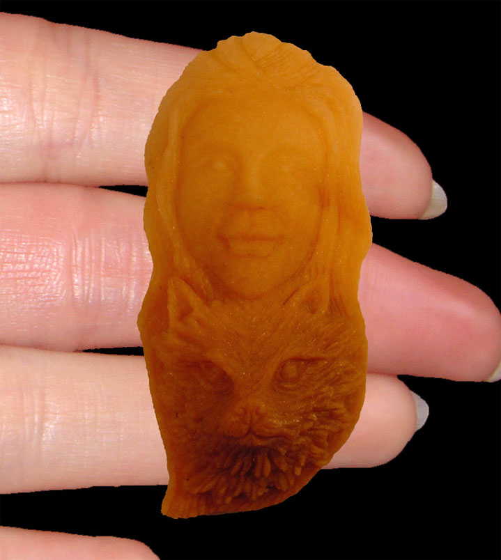 Trendy Cameo: American Indian Woman Face Over Wolf Face